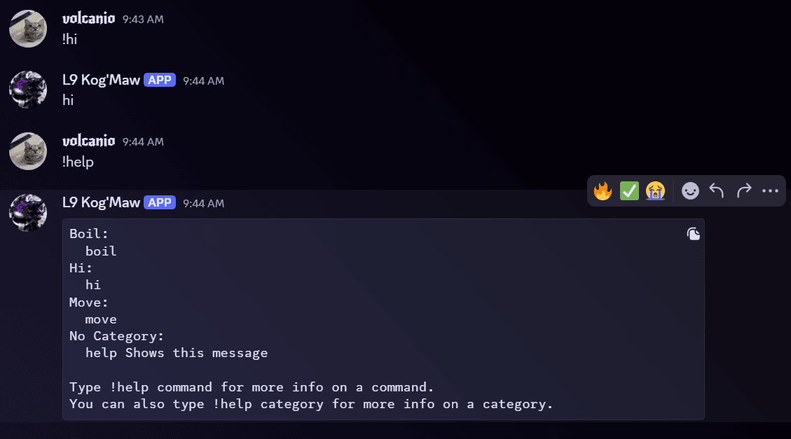 L9 Kog'Maw Discord bot responding to a help command with its command categories